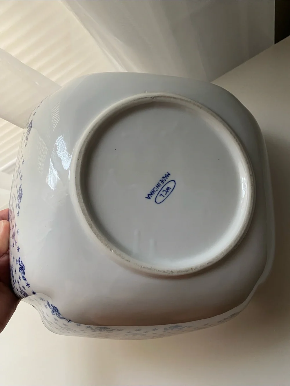 Vintage WCL Fleur De Lis Serving Dish Bowl Scalloped Corners, Blue And White